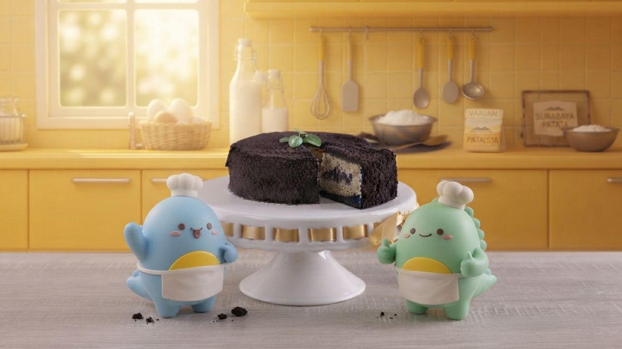 Chef Uro dan Chef Oyo berdiri di antara cake Patata dan kotak oleh-oleh kuning