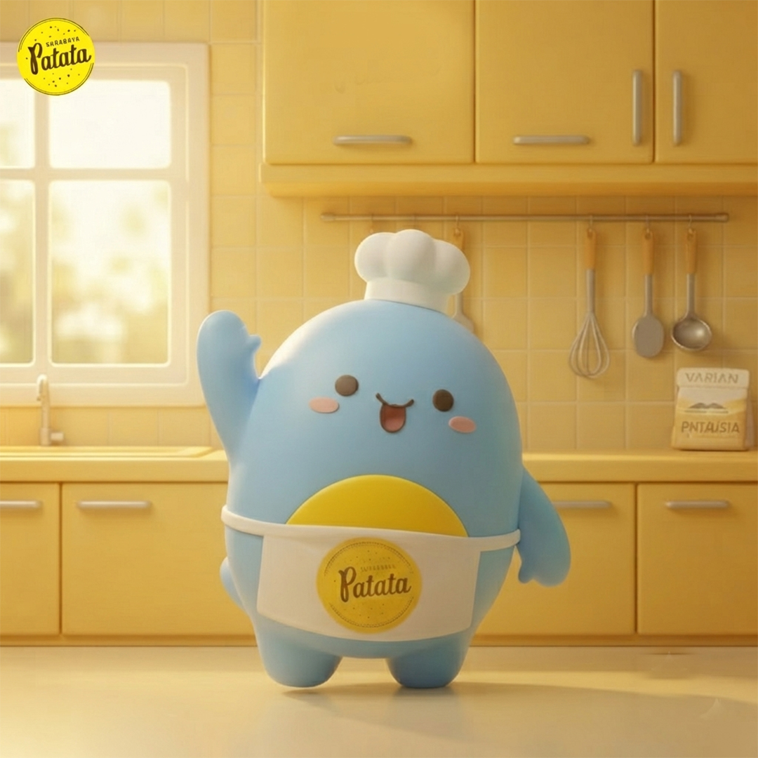 Chef Uro, maskot biru sedang melambaikan tangan